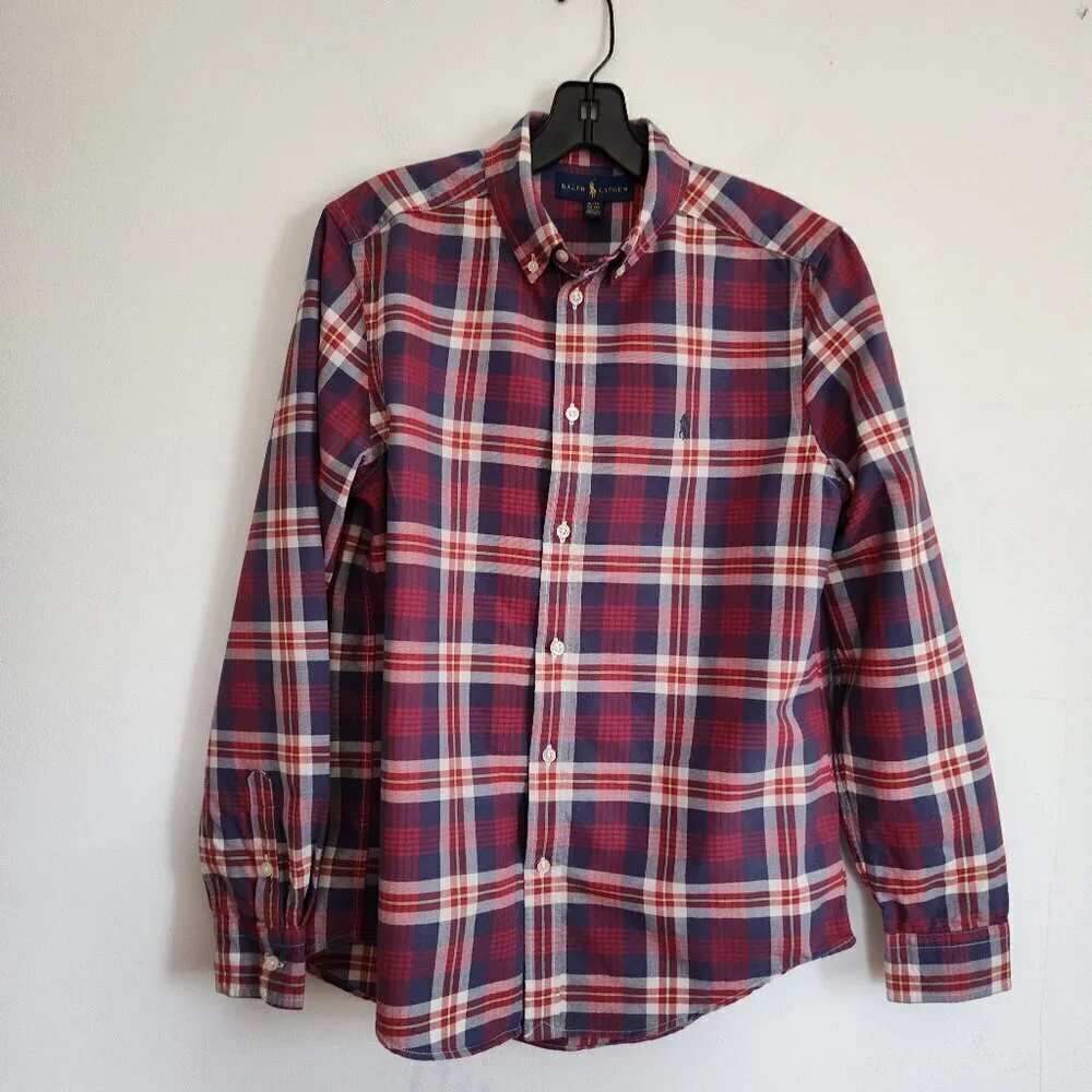Boys SZ XL (18-20) Ralph Lauren Red/Cream/Multi Plaid Long-Sleeve Dress …